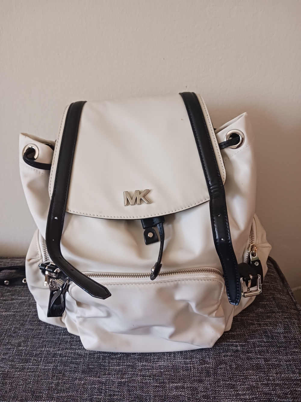 Michael Kors White MK Logo Backpack with Black Trim